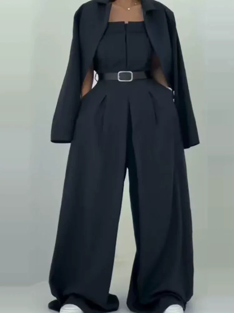 2025 Retro Striped Sexy Sleeveless Jumpsuits Women Spring Autumn Casual Playsuits Wide Leg Pants Set Ladies Elegant Jacket Suits