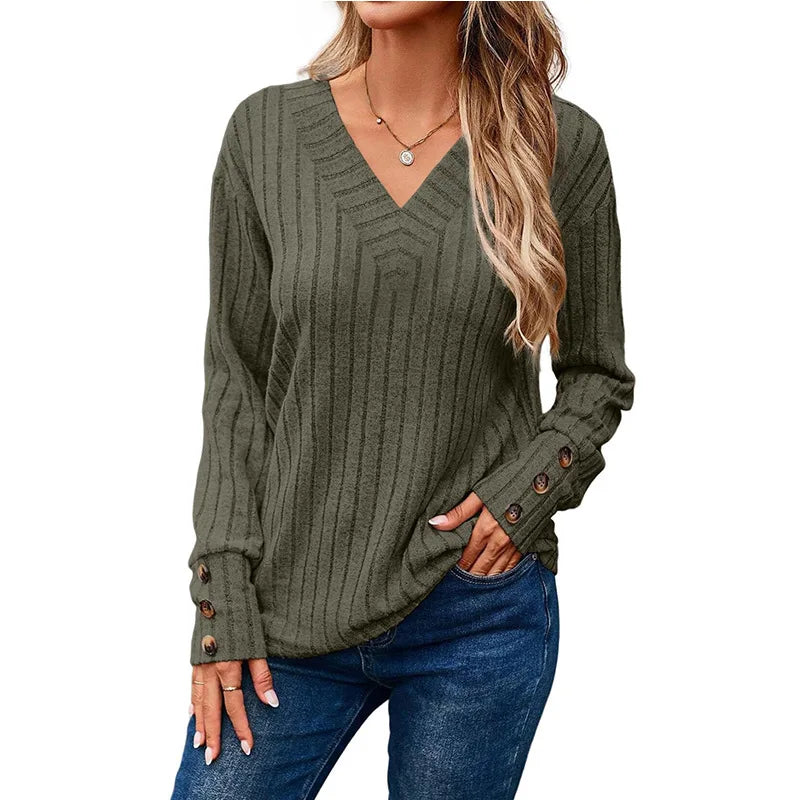 V-Neck Knit Top with Button Cuffs