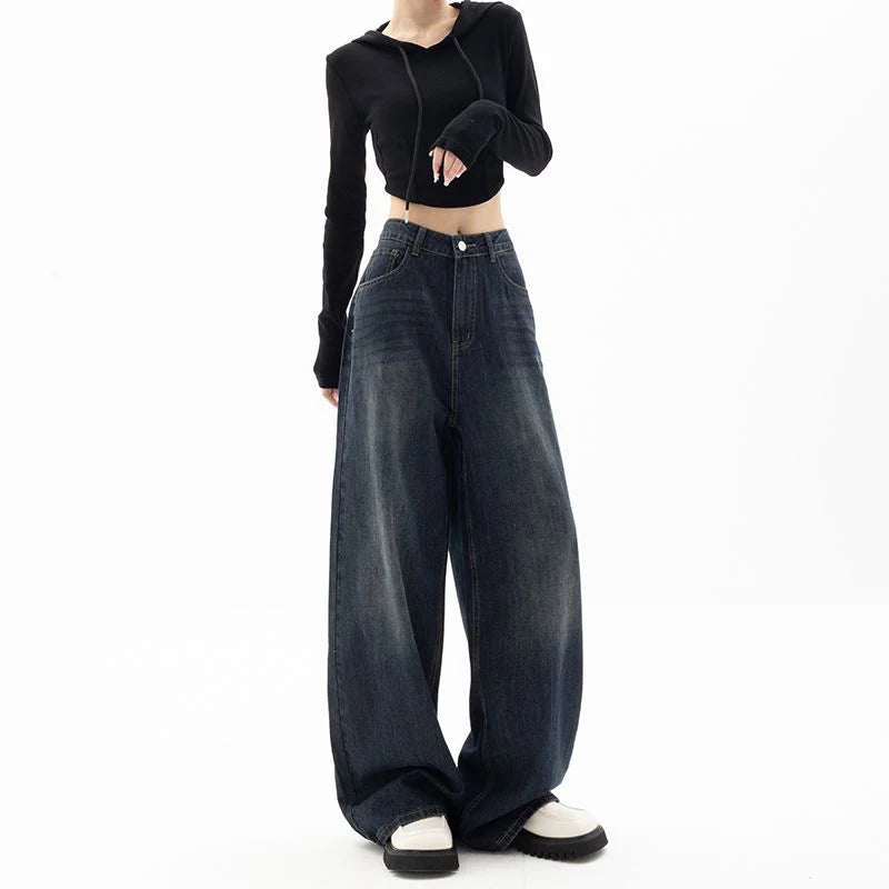 Women's Retro Street Style High-Waisted Wide Leg Pants Floor-Length Niche Design Loose Fit Slimming Jeans
