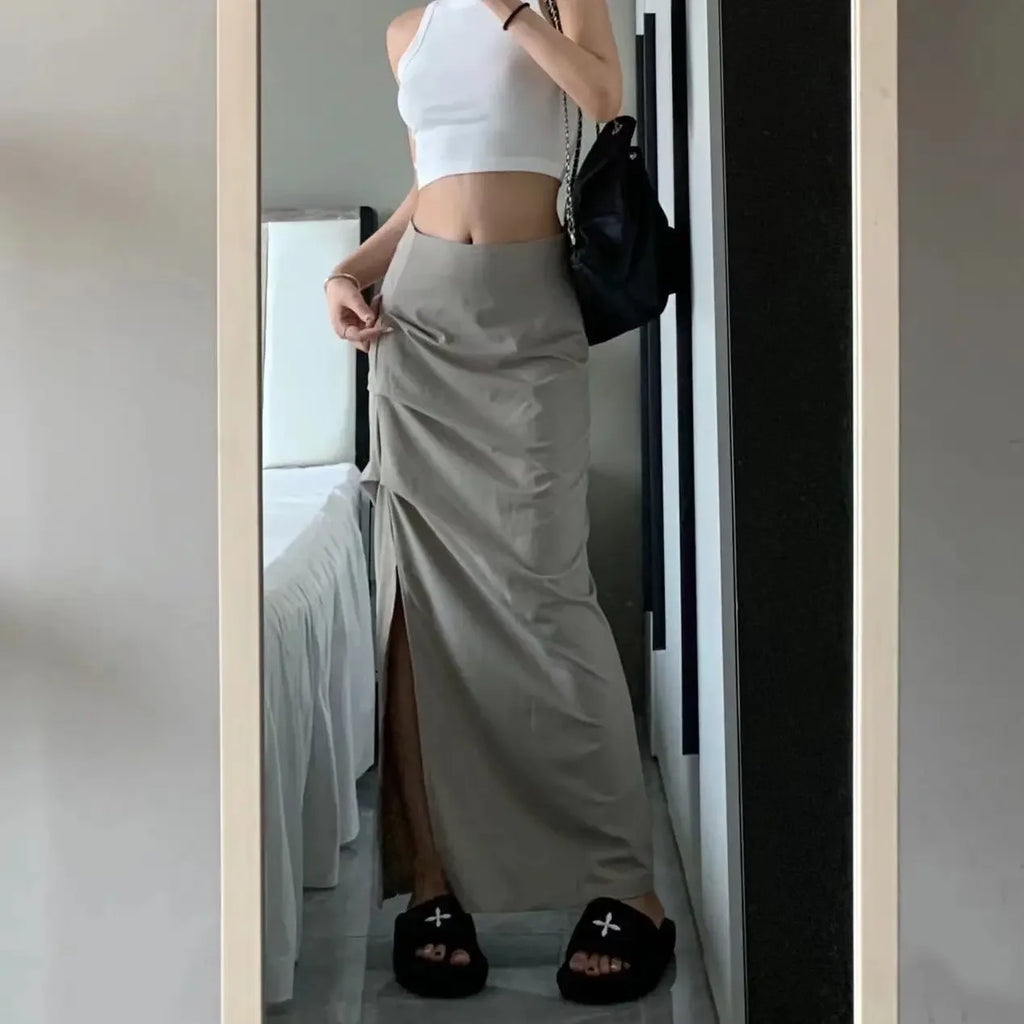 Skirts Women Autumn European Style Khaki Chic All-match A-line Tender Fashion Slim High Waist Thin Side-slit Preppy Streetwear