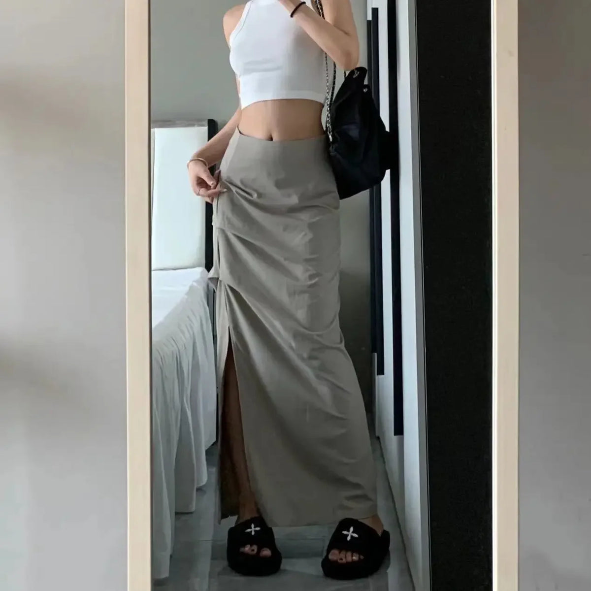 Skirts Women Autumn European Style Khaki Chic All-match A-line Tender Fashion Slim High Waist Thin Side-slit Preppy Streetwear