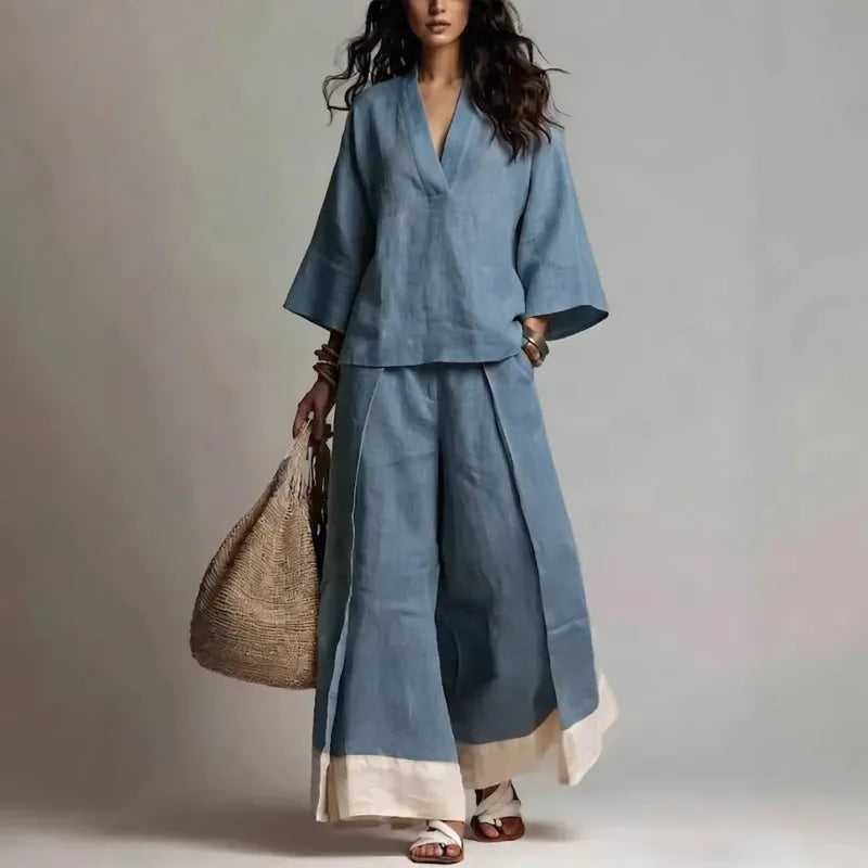 Spring Summer Cotton Linen 2 Piece Set French V-neck Three-quarter Sleeve Shirt Contrasting Color Wide-leg Pants Suit for Women