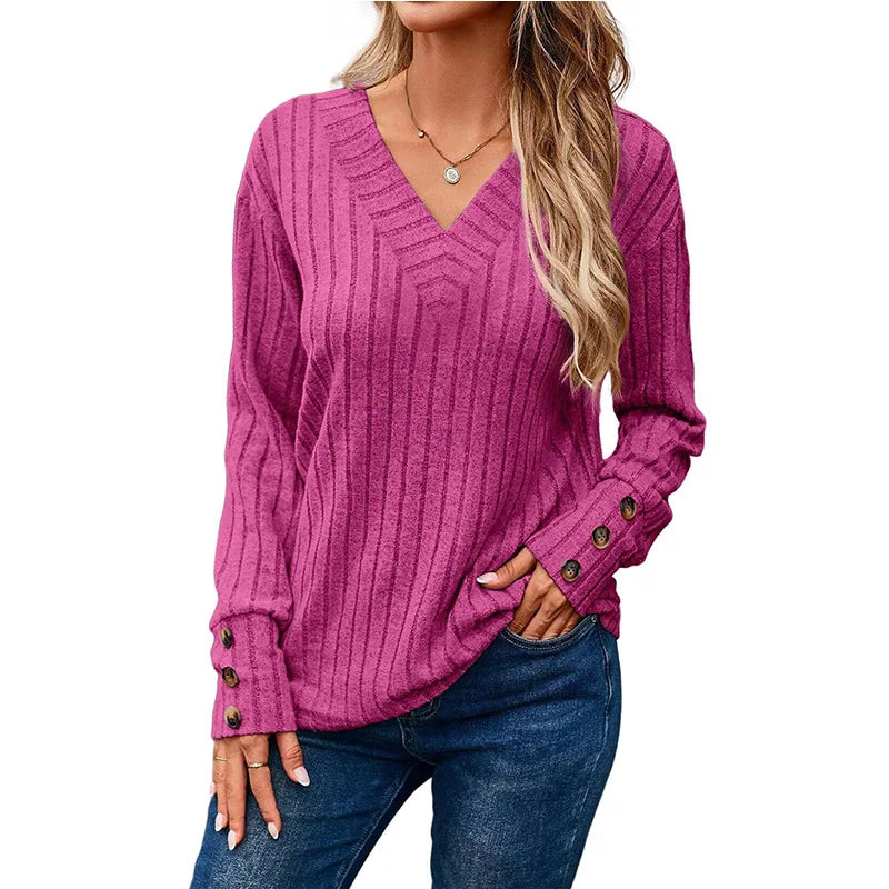 V-Neck Knit Top with Button Cuffs
