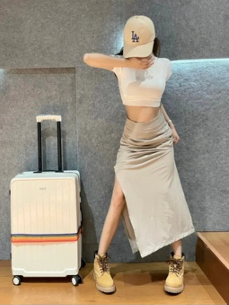 Skirts Women Autumn European Style Khaki Chic All-match A-line Tender Fashion Slim High Waist Thin Side-slit Preppy Streetwear