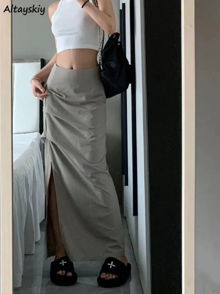 Skirts Women Autumn European Style Khaki Chic All-match A-line Tender Fashion Slim High Waist Thin Side-slit Preppy Streetwear