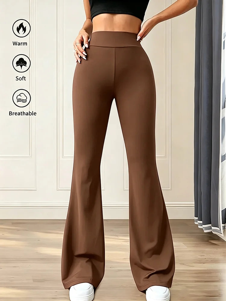 Women's High-Waisted Flared Pants - Tapered Brown Tight Pants with Four-Way Stretch, Suitable for Work, Casual and Daily Wear