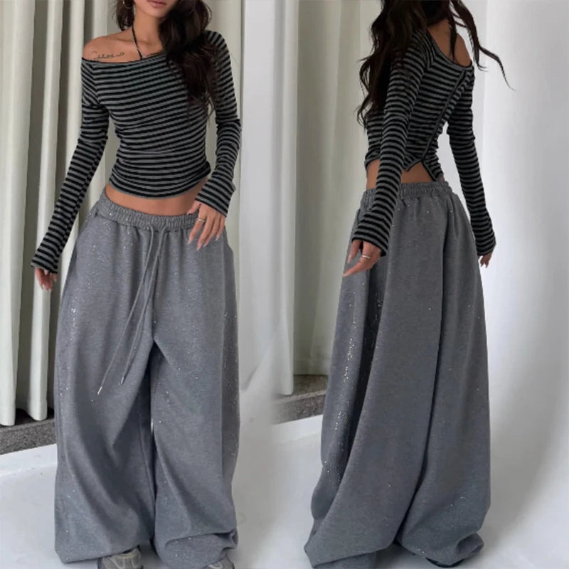  American Retro Hot Diamond Flash Jazz Hip-Hop Women Sweatpants Korean Streetwear Loose Jogging Pants High Waist Wide-Leg Pants