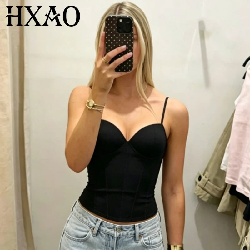 HXAO Black Slip Top Women Summer 2026 Sexy Corset Cup Tops Elegant Bustier Slim Sleeveless Camisole Chic Bodycon Backless Vests