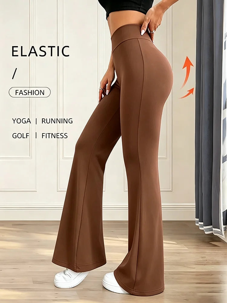 Women's High-Waisted Flared Pants - Tapered Brown Tight Pants with Four-Way Stretch, Suitable for Work, Casual and Daily Wear