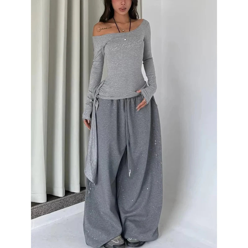  American Retro Hot Diamond Flash Jazz Hip-Hop Women Sweatpants Korean Streetwear Loose Jogging Pants High Waist Wide-Leg Pants