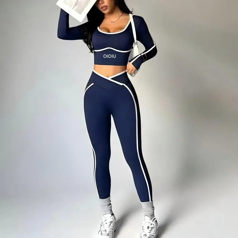 2026 New Color-Contrasting Yoga Set - Tight Yoga Long-Sleeved Front V-Waist Tapered Hip-Slimming Yoga Pants Set