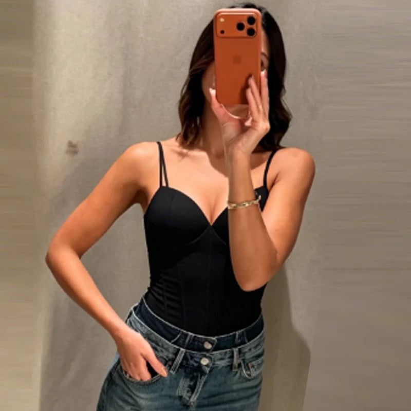 HXAO Black Slip Top Women Summer 2026 Sexy Corset Cup Tops Elegant Bustier Slim Sleeveless Camisole Chic Bodycon Backless Vests