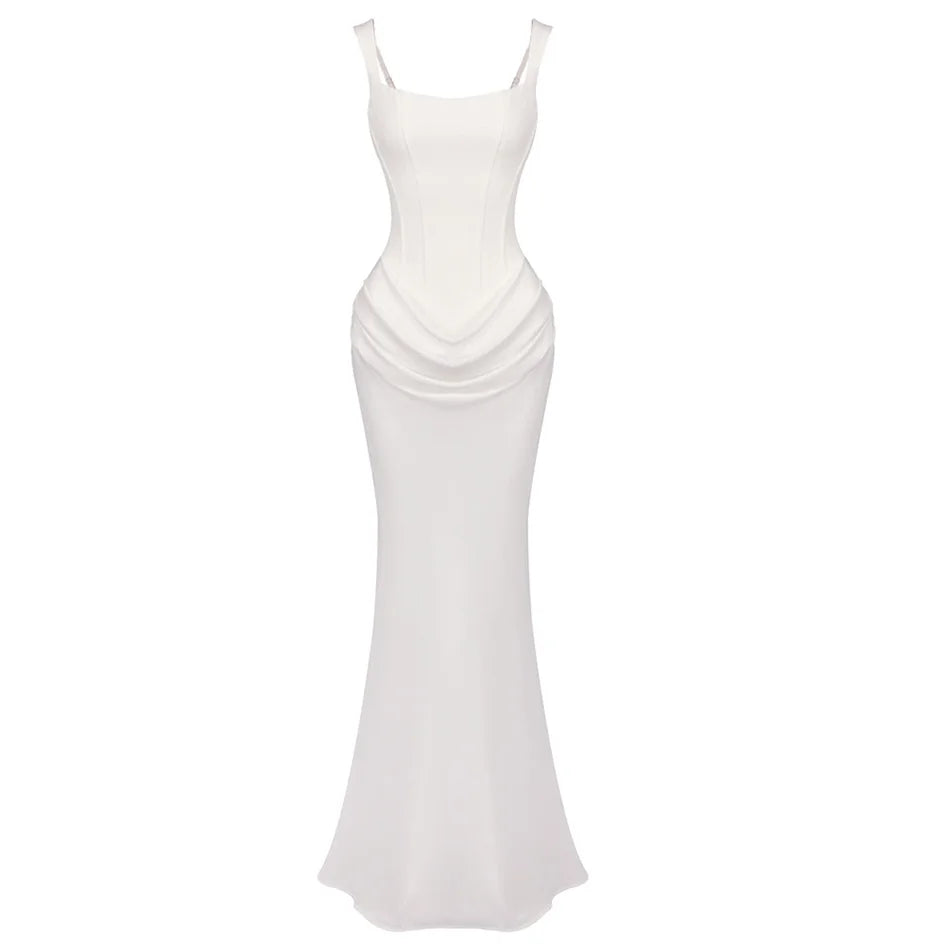 White Patchwork Folds Draped Party Evening Maxi Dress New Fashion Spaghetti Strap Square Neck Back Lace up Mermaid Bodycon Gown