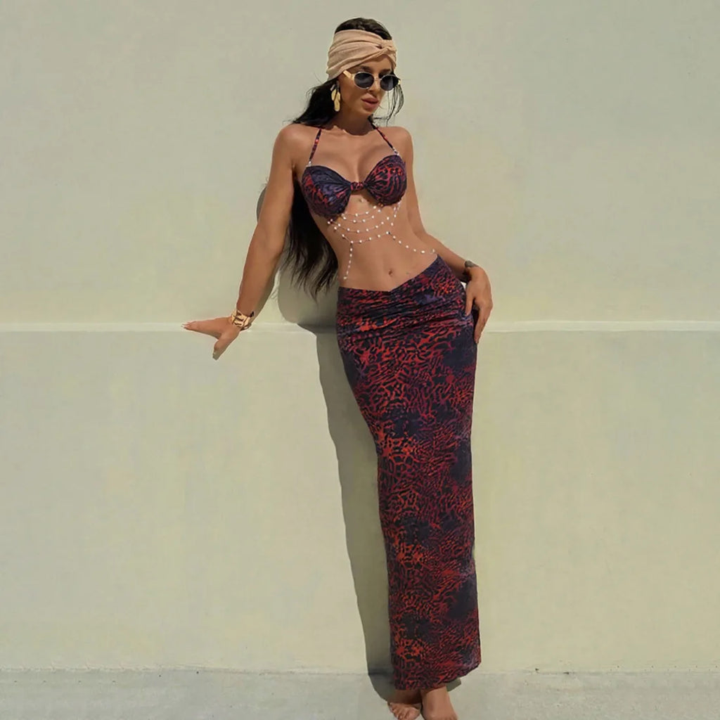 Sexy Summer Slim Dress Elegant Casual Fashion Printed Beach Resort Style Halter Neck Strappy Long Low Waist Cover Hip Dress
