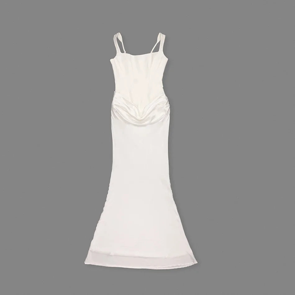 White Patchwork Folds Draped Party Evening Maxi Dress New Fashion Spaghetti Strap Square Neck Back Lace up Mermaid Bodycon Gown