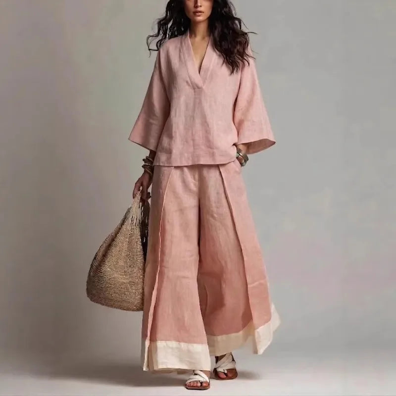 Spring Summer Cotton Linen 2 Piece Set French V-neck Three-quarter Sleeve Shirt Contrasting Color Wide-leg Pants Suit for Women