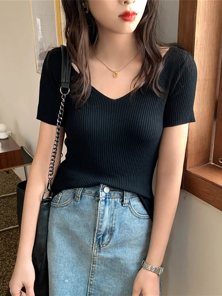 2026 Summer Slim Short Sleeve Bodycon Sweater Basic V-neck Solid Thin Pullover Women Female Knitted Ribbed Sweater