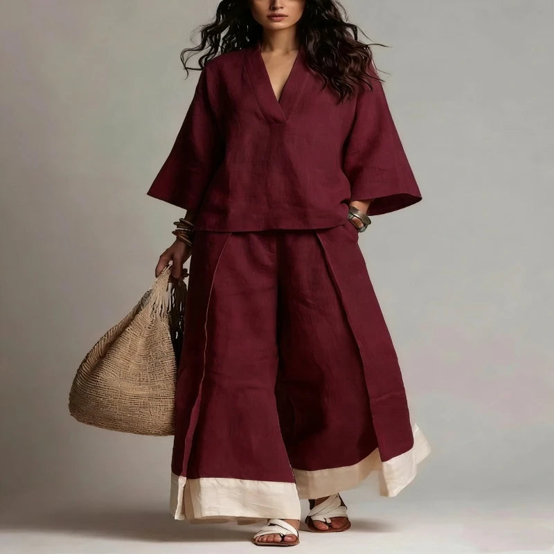 Spring Summer Cotton Linen 2 Piece Set French V-neck Three-quarter Sleeve Shirt Contrasting Color Wide-leg Pants Suit for Women