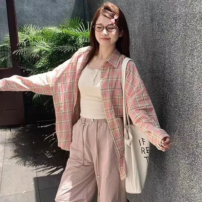 Harajuku Oversize Loose Plaid Shirts Female Lazy Style Long Sleeve Out Wear Casual Blouses Vintage All-match Students Shirt