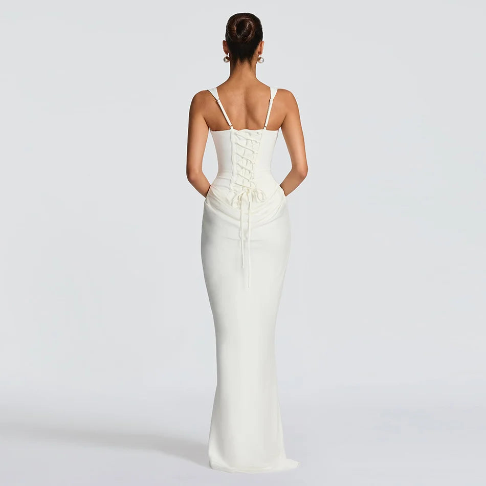 White Patchwork Folds Draped Party Evening Maxi Dress New Fashion Spaghetti Strap Square Neck Back Lace up Mermaid Bodycon Gown