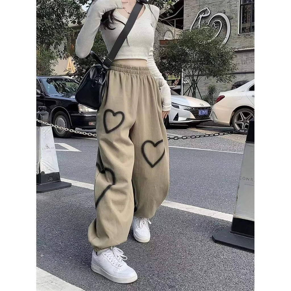 Love Graffiti Wide Leg Pants Women Y2K Elastic High Waist Streetwear Loose Drawstring Jogging Trousers Korean Casual Sweatpants