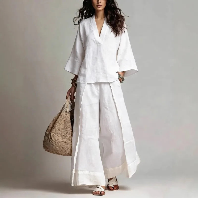 Spring Summer Cotton Linen 2 Piece Set French V-neck Three-quarter Sleeve Shirt Contrasting Color Wide-leg Pants Suit for Women