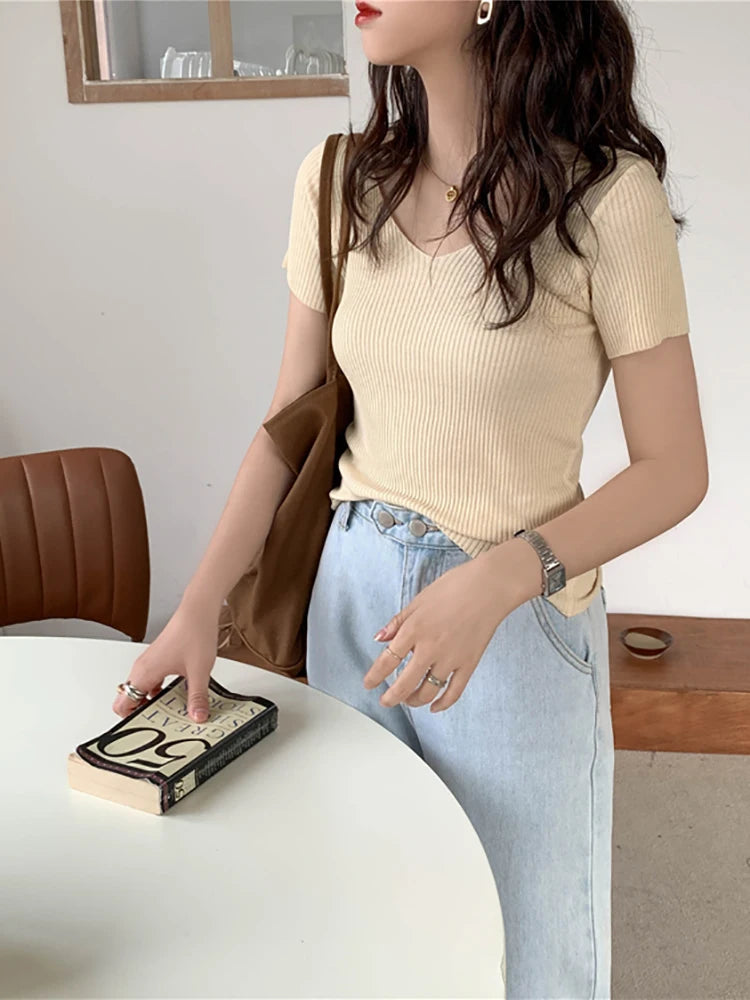 2026 Summer Slim Short Sleeve Bodycon Sweater Basic V-neck Solid Thin Pullover Women Female Knitted Ribbed Sweater