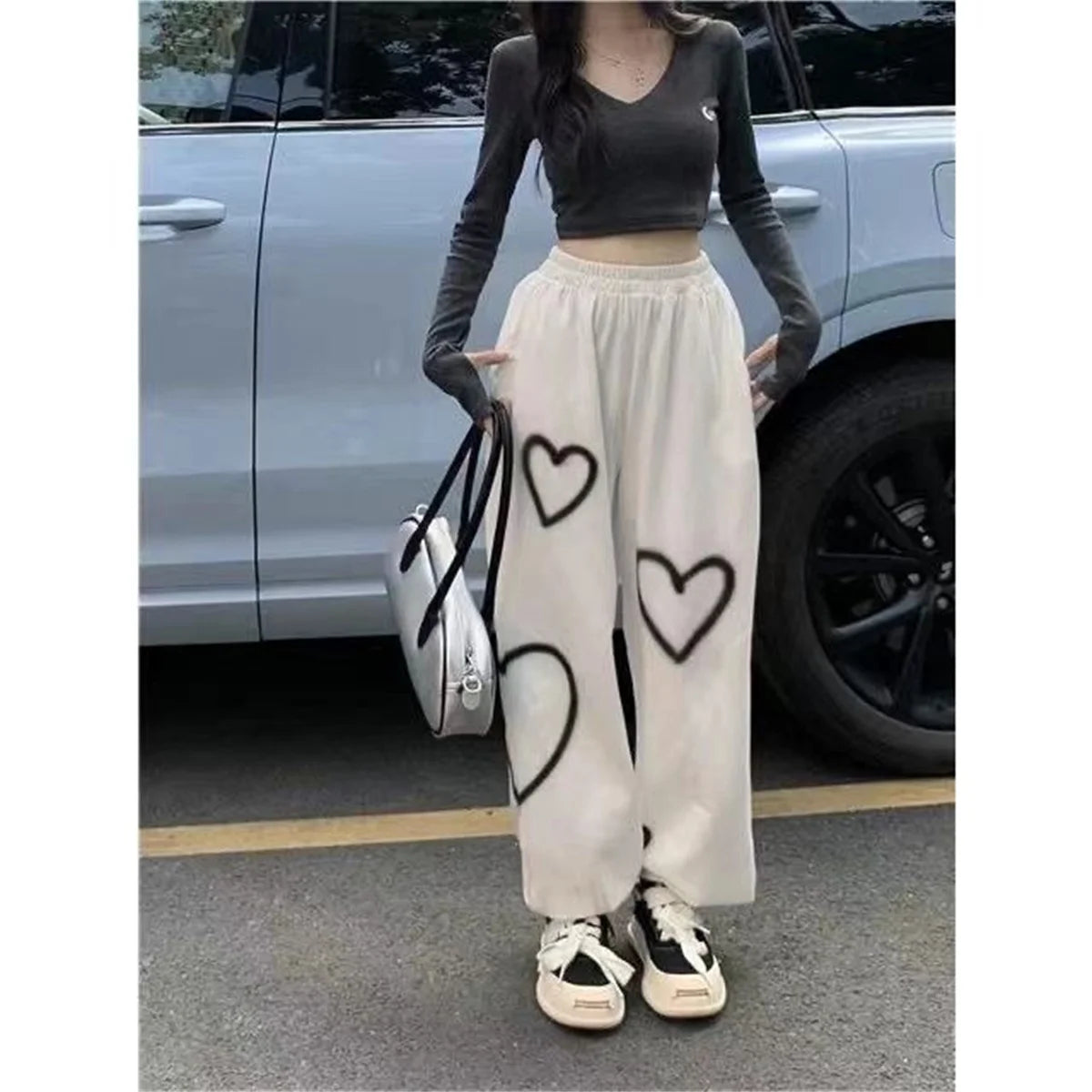 Love Graffiti Wide Leg Pants Women Y2K Elastic High Waist Streetwear Loose Drawstring Jogging Trousers Korean Casual Sweatpants