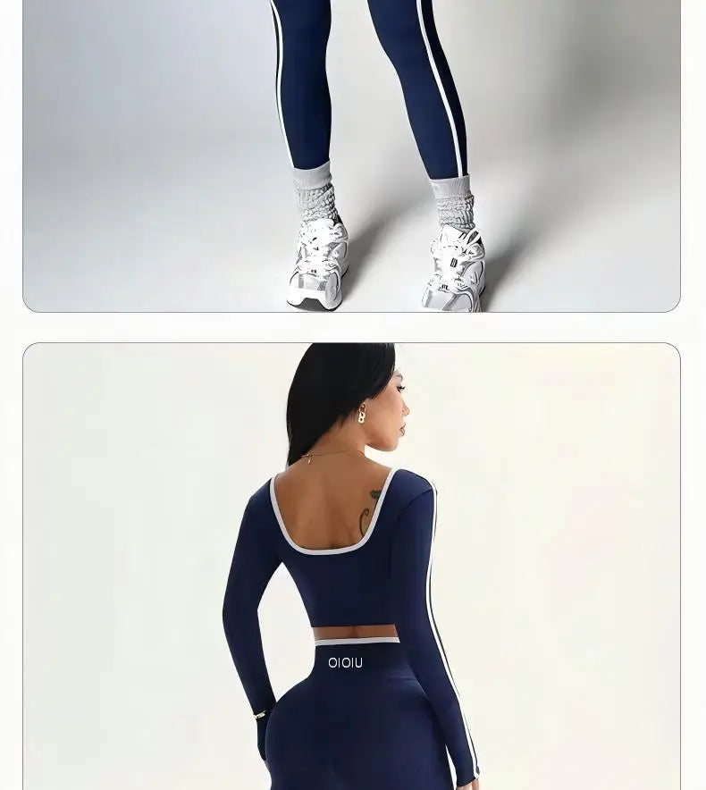 2026 New Color-Contrasting Yoga Set - Tight Yoga Long-Sleeved Front V-Waist Tapered Hip-Slimming Yoga Pants Set
