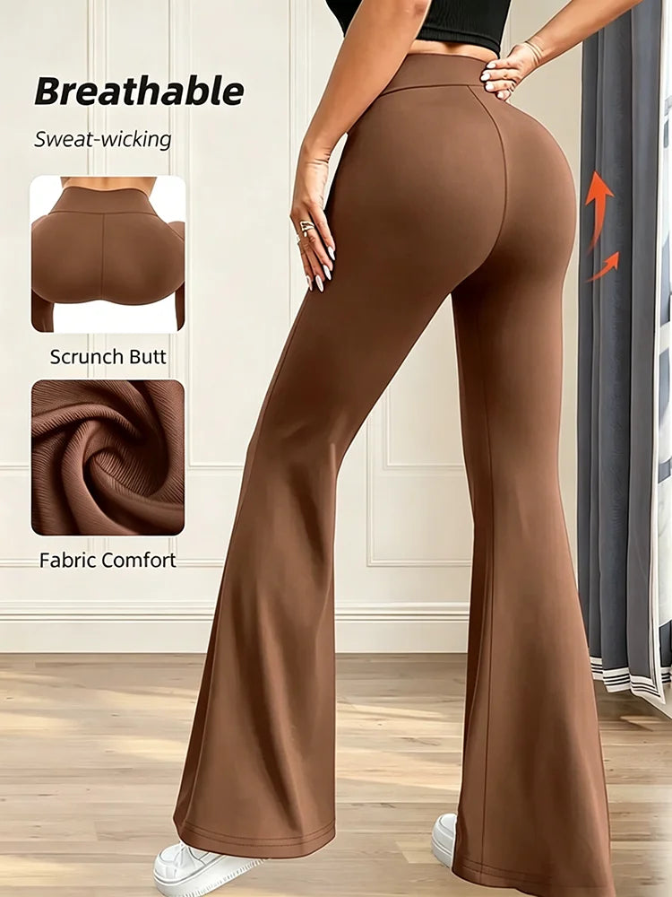 Women's High-Waisted Flared Pants - Tapered Brown Tight Pants with Four-Way Stretch, Suitable for Work, Casual and Daily Wear