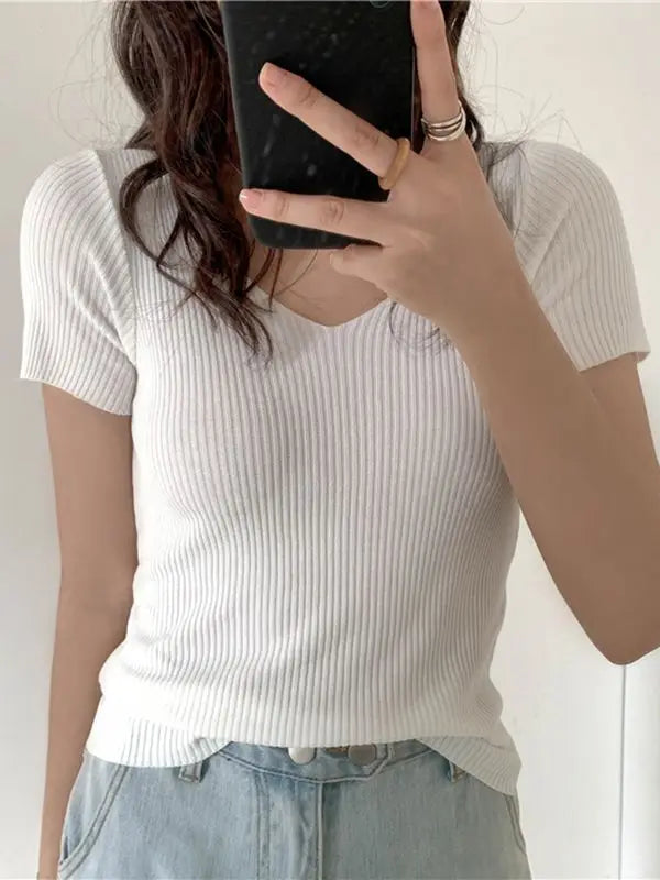 2026 Summer Slim Short Sleeve Bodycon Sweater Basic V-neck Solid Thin Pullover Women Female Knitted Ribbed Sweater