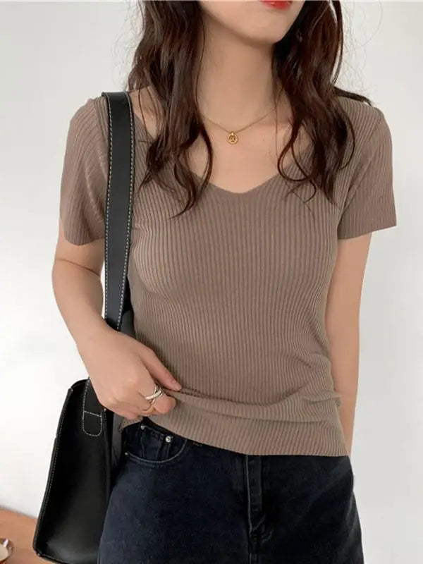 2026 Summer Slim Short Sleeve Bodycon Sweater Basic V-neck Solid Thin Pullover Women Female Knitted Ribbed Sweater
