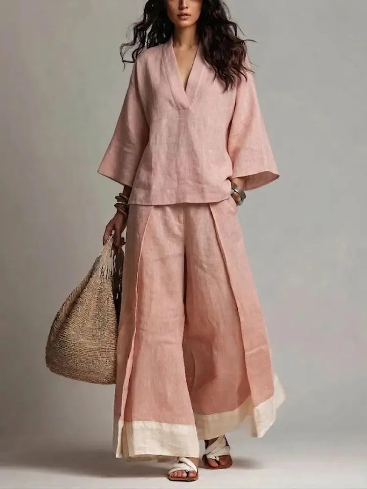 Spring Summer Cotton Linen 2 Piece Set French V-neck Three-quarter Sleeve Shirt Contrasting Color Wide-leg Pants Suit for Women