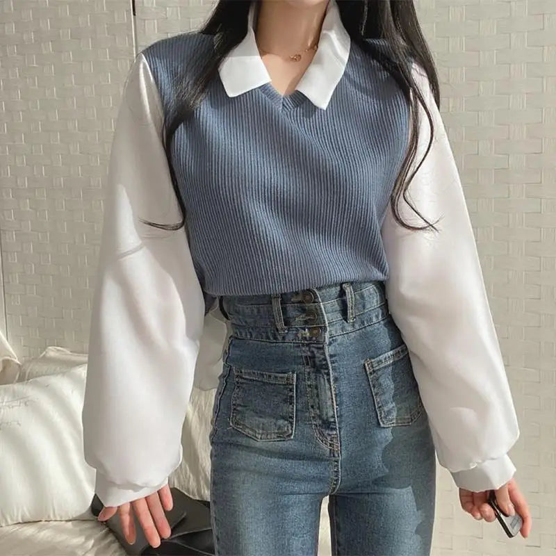 Y2k Polo Collar False Two-piece Blouse Women Spring Casual Korean Shirt Vintage Loose Pullover Tops Long Sleeve Elegant Blouses