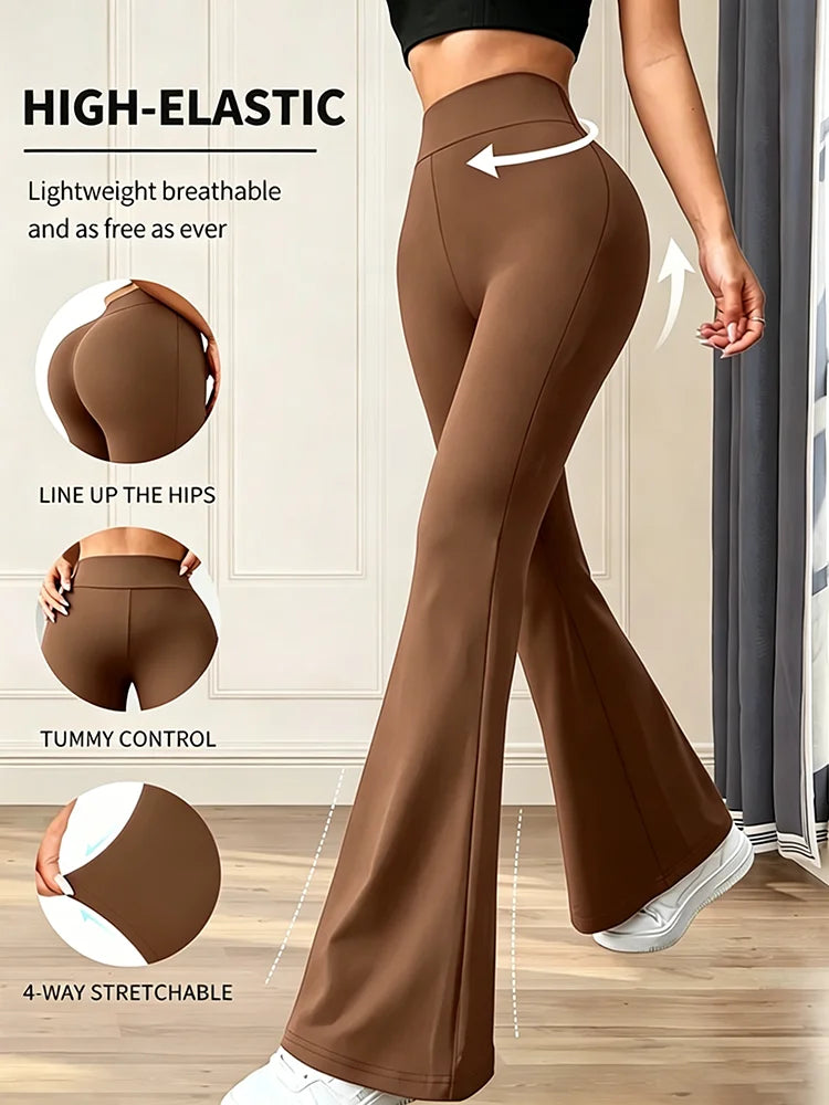 Women's High-Waisted Flared Pants - Tapered Brown Tight Pants with Four-Way Stretch, Suitable for Work, Casual and Daily Wear