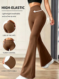 Women's High-Waisted Flared Pants - Tapered Brown Tight Pants with Four-Way Stretch, Suitable for Work, Casual and Daily Wear