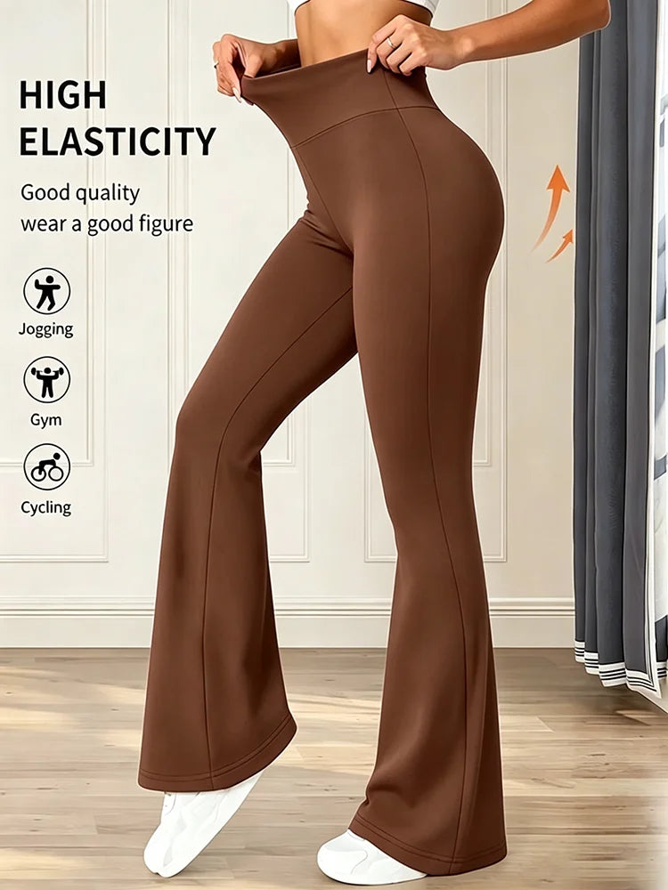 Women's High-Waisted Flared Pants - Tapered Brown Tight Pants with Four-Way Stretch, Suitable for Work, Casual and Daily Wear