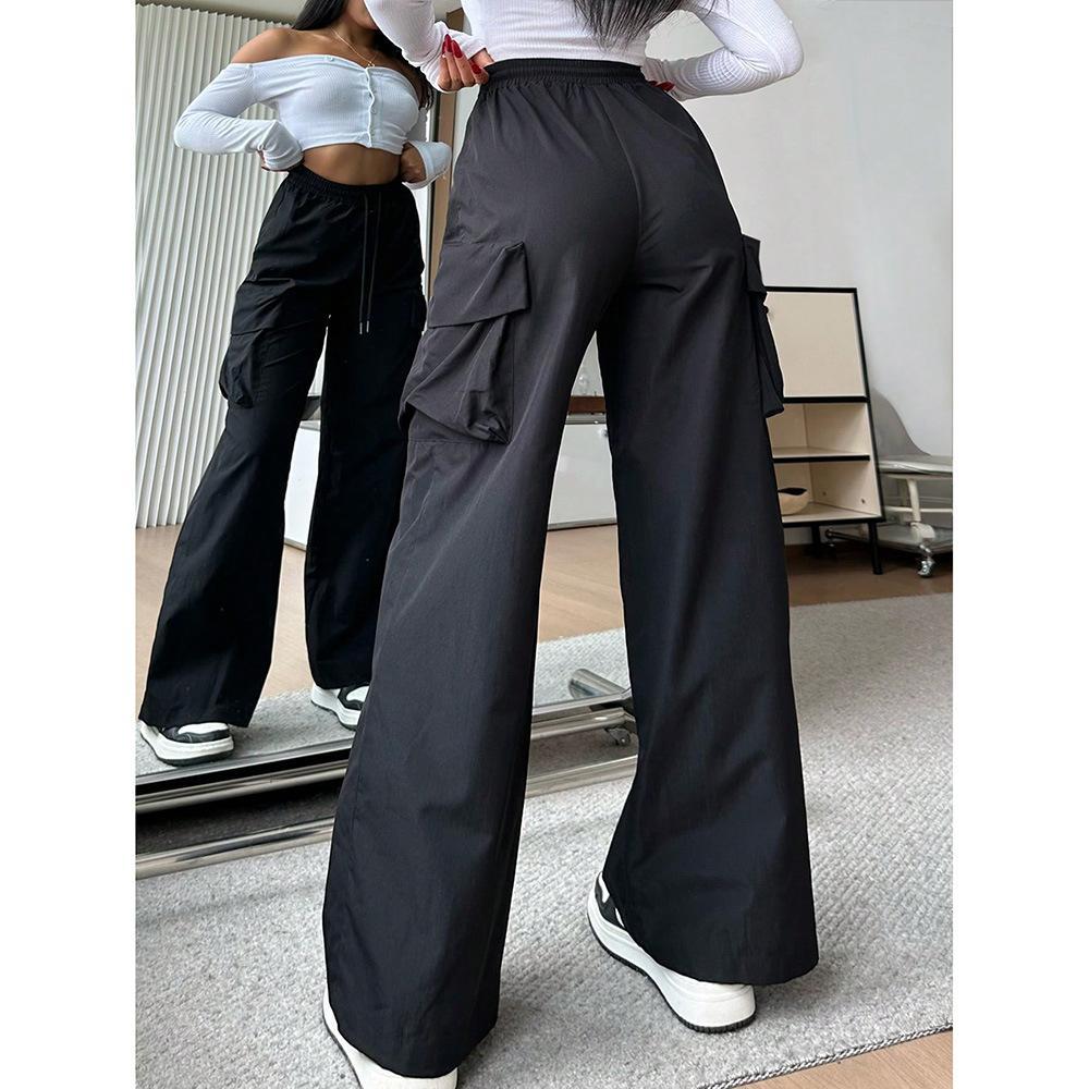Womens Solid-color Loose-fit Utility Casual Pants