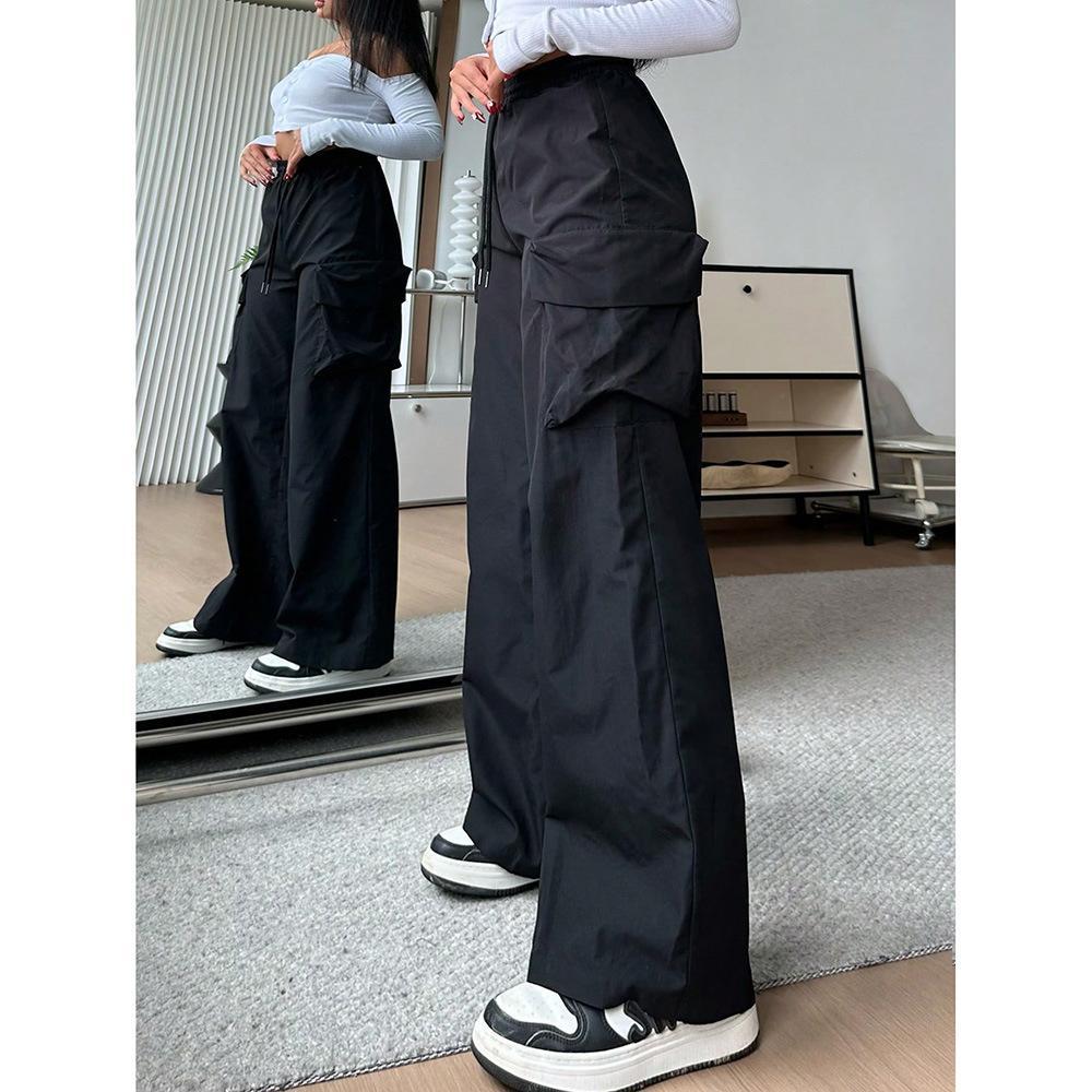 Womens Solid-color Loose-fit Utility Casual Pants