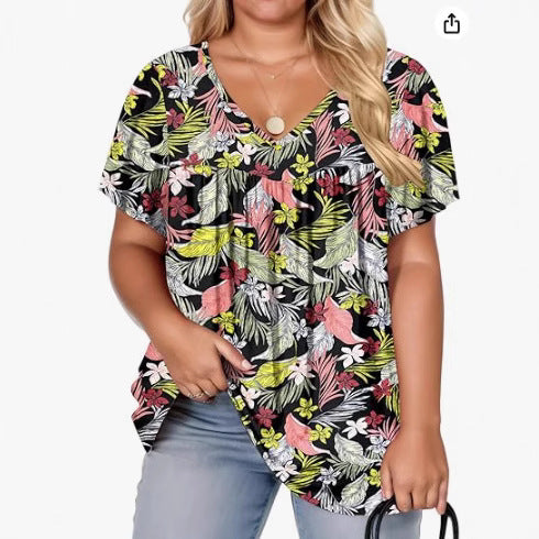 Womens Plus-Size Pullover T-Shirt With Floral Print