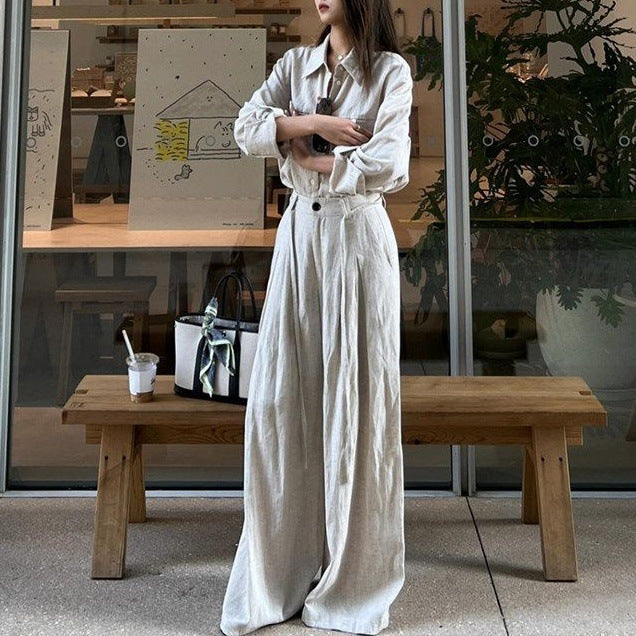 Womens Retro French-Style Wide-Leg Pants And Blouse Set