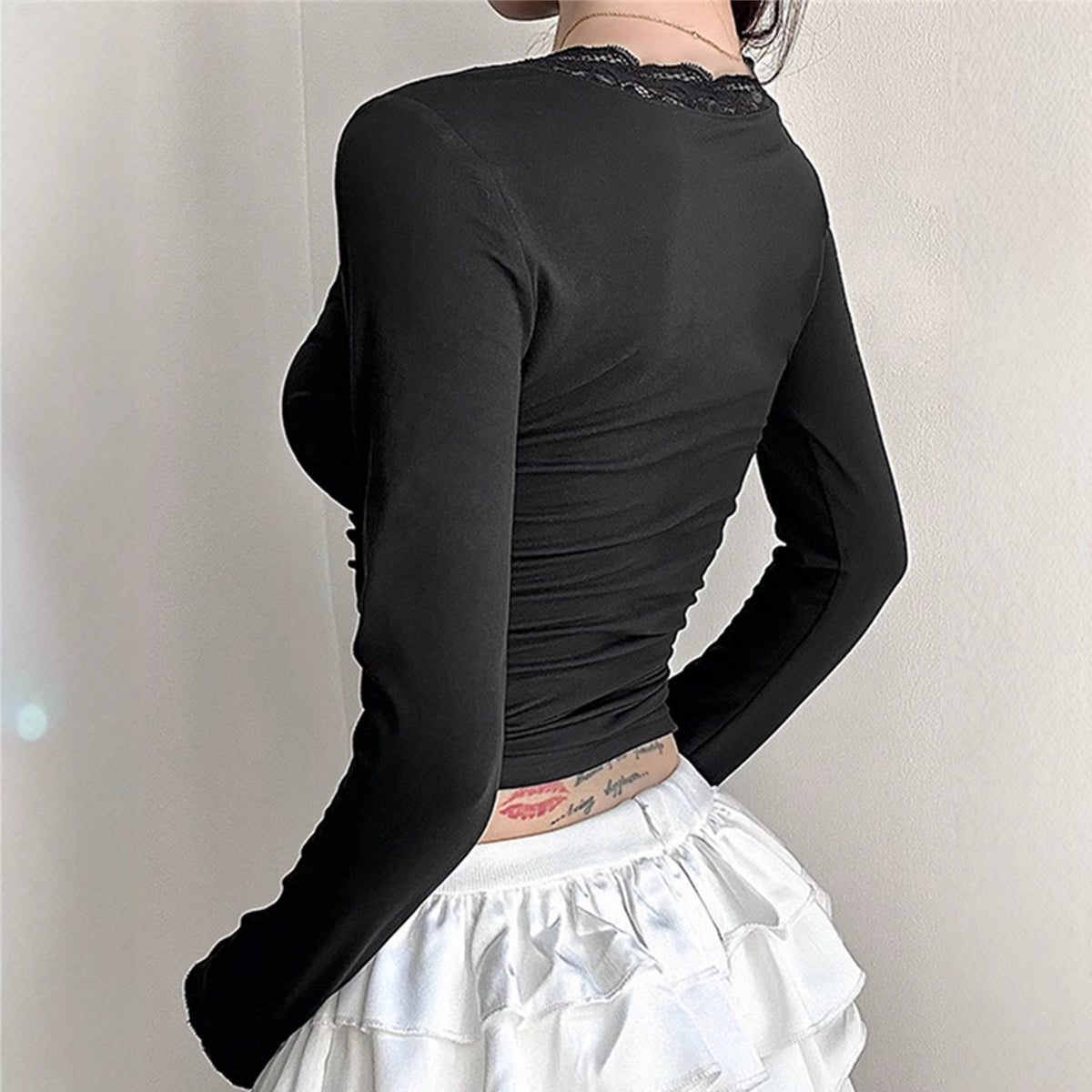 Womens Solid-color V-neck Lace-panel Top