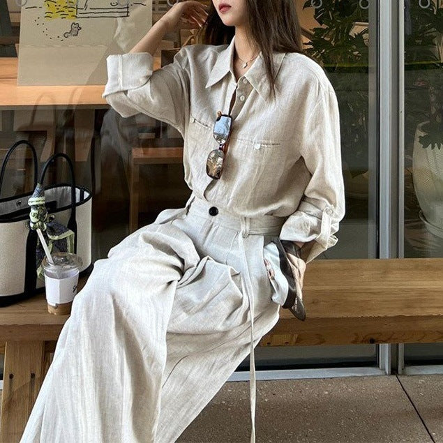 Womens Retro French-Style Wide-Leg Pants And Blouse Set